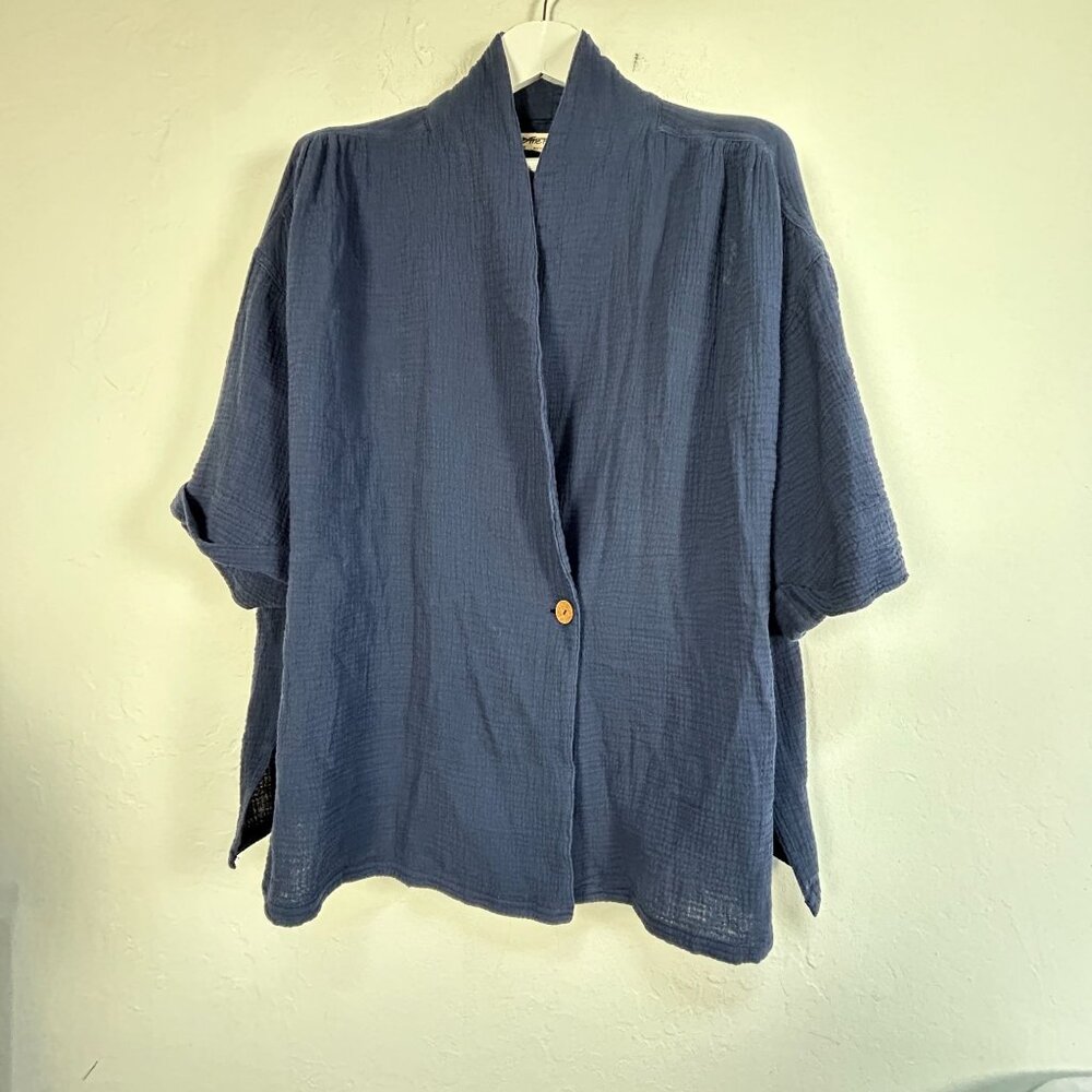 We The Free Womens Oversized Cotton Kimono Jacket Large Blue One-Button NWOT